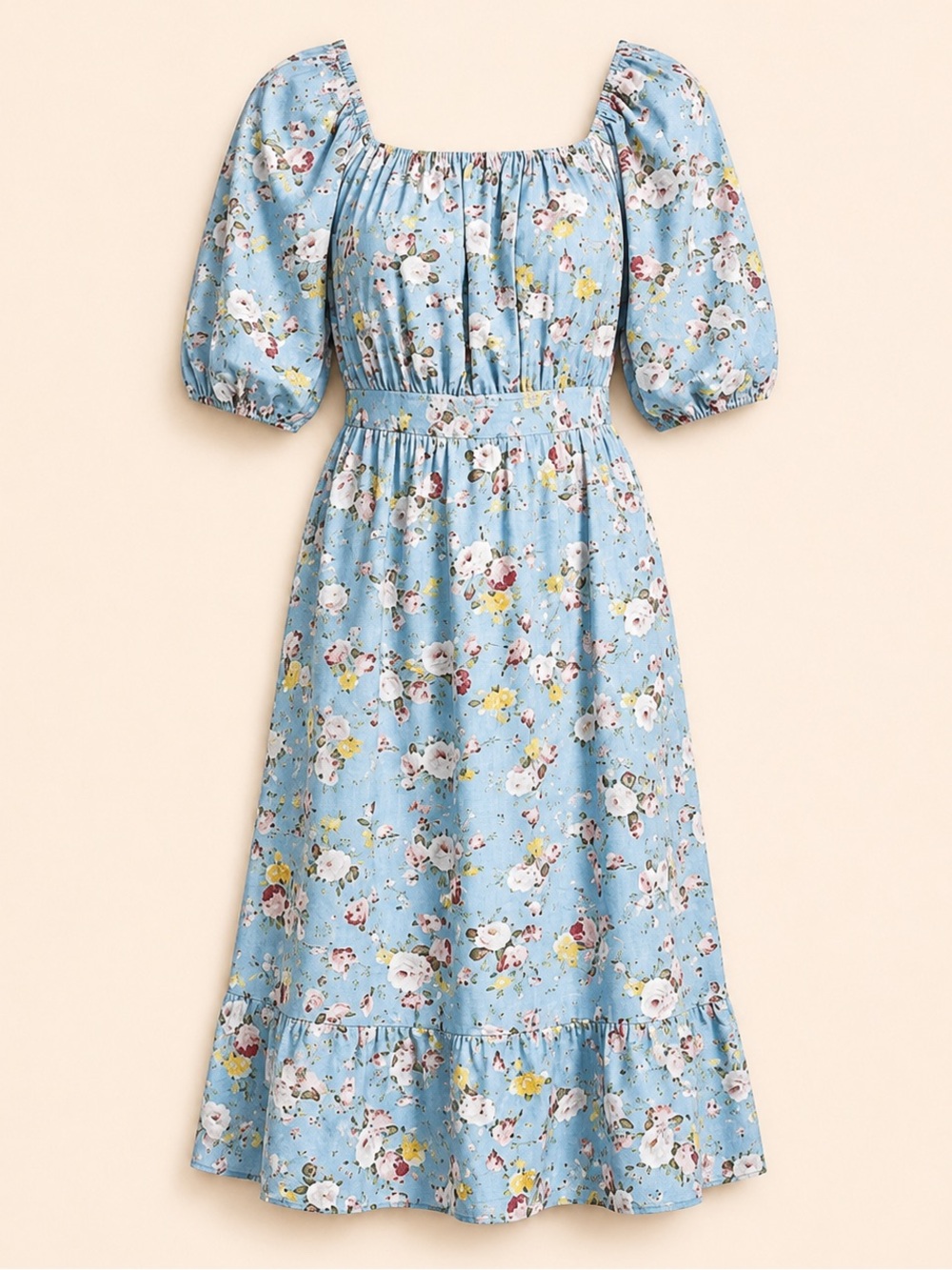 Kojooin Floral Puff Sleeve Cutout Midi Dress